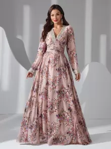 Sukienka damska z długim rękawem i kwiatowym nadrukiem w paski