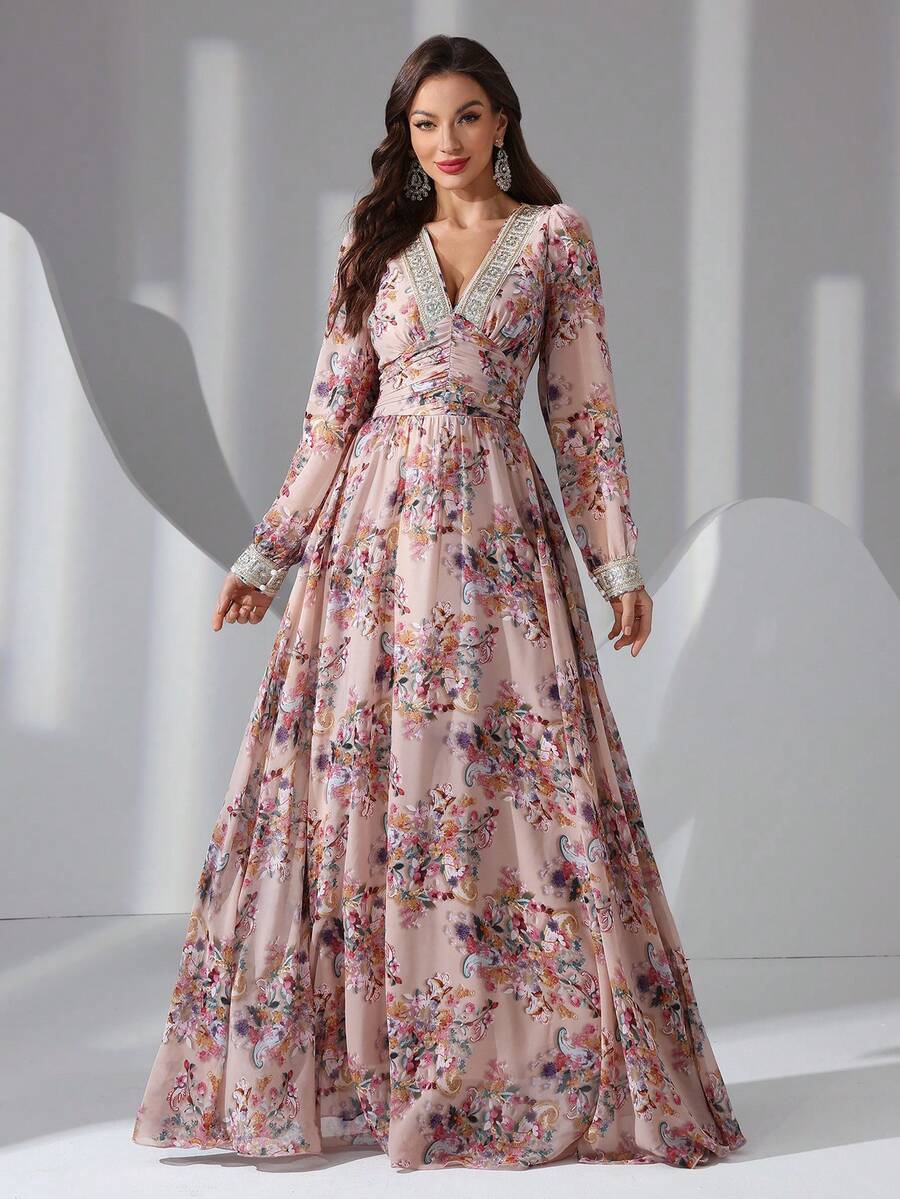 Sukienka damska z długim rękawem i kwiatowym nadrukiem w paski