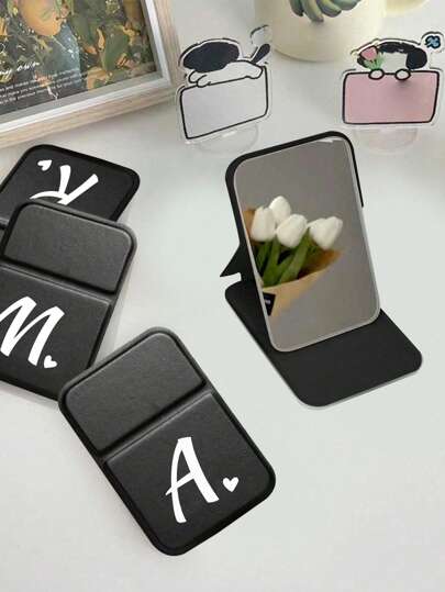 1个迷你爱心字母印花可折叠便携化妆镜，A-Z字母化妆镜带支架，旅行镜，美容产品，桌面化妆镜，长方形桌面折叠镜，简约时尚化妆镜，送给妈妈和老师的最佳礼物