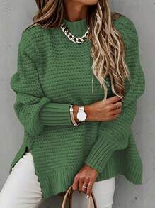 新款女士休闲简约时尚针织毛衣单色长袖上衣毛衣 - 綠色 - 查看 1