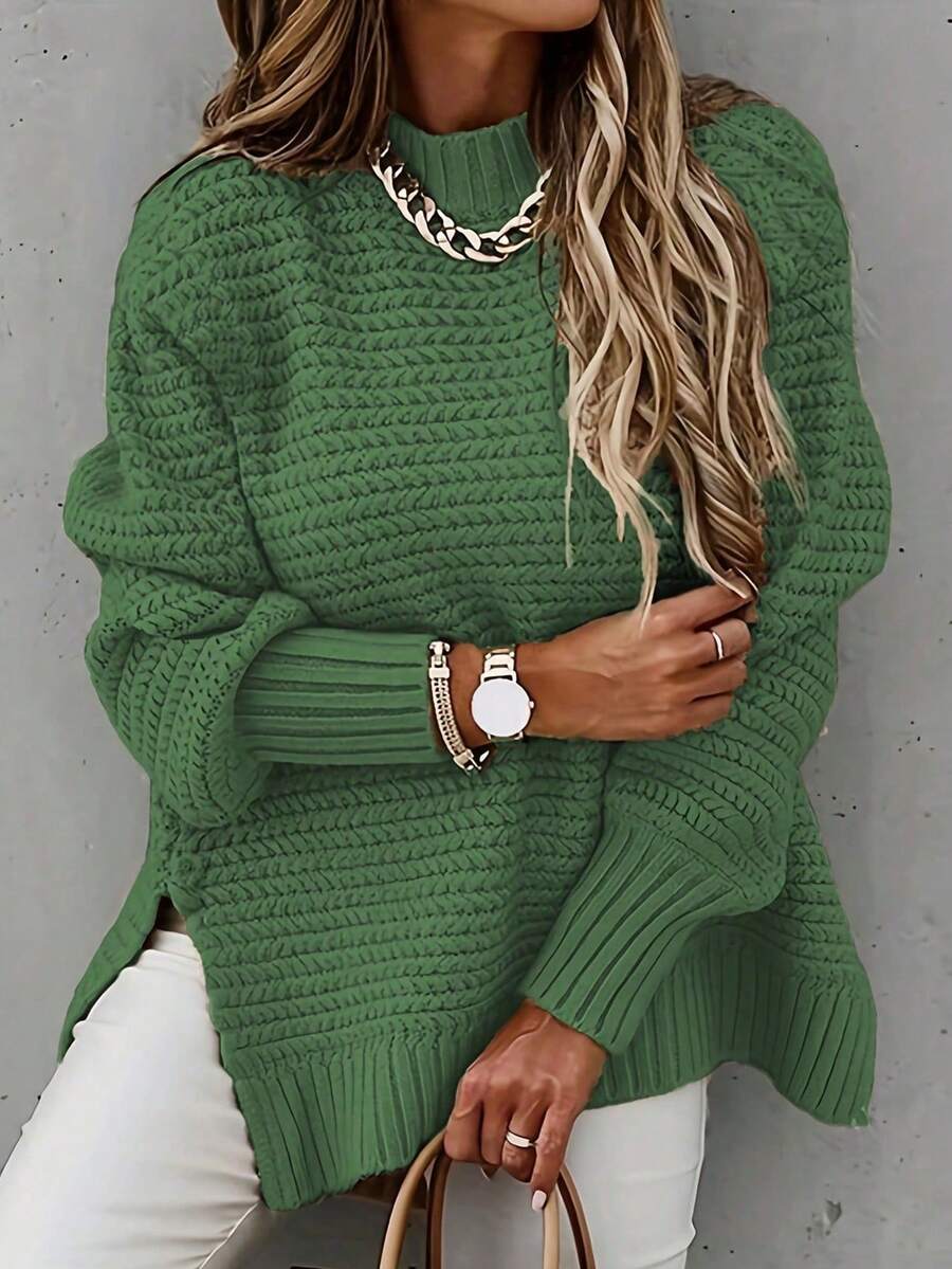 新款女士休闲简约时尚针织毛衣单色长袖上衣毛衣 - 綠色 - 查看 1