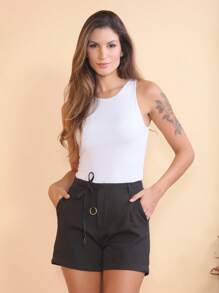 WUUW Women's Shorts Tie At The Waist Solid Colors One Size - 黑色 - 查看 2