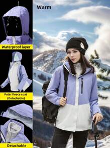 女士山地防水滑雪夹克防风防雨夹克冬季保暖连帽外套三合一冬季外套 - 紫色 - 查看 1