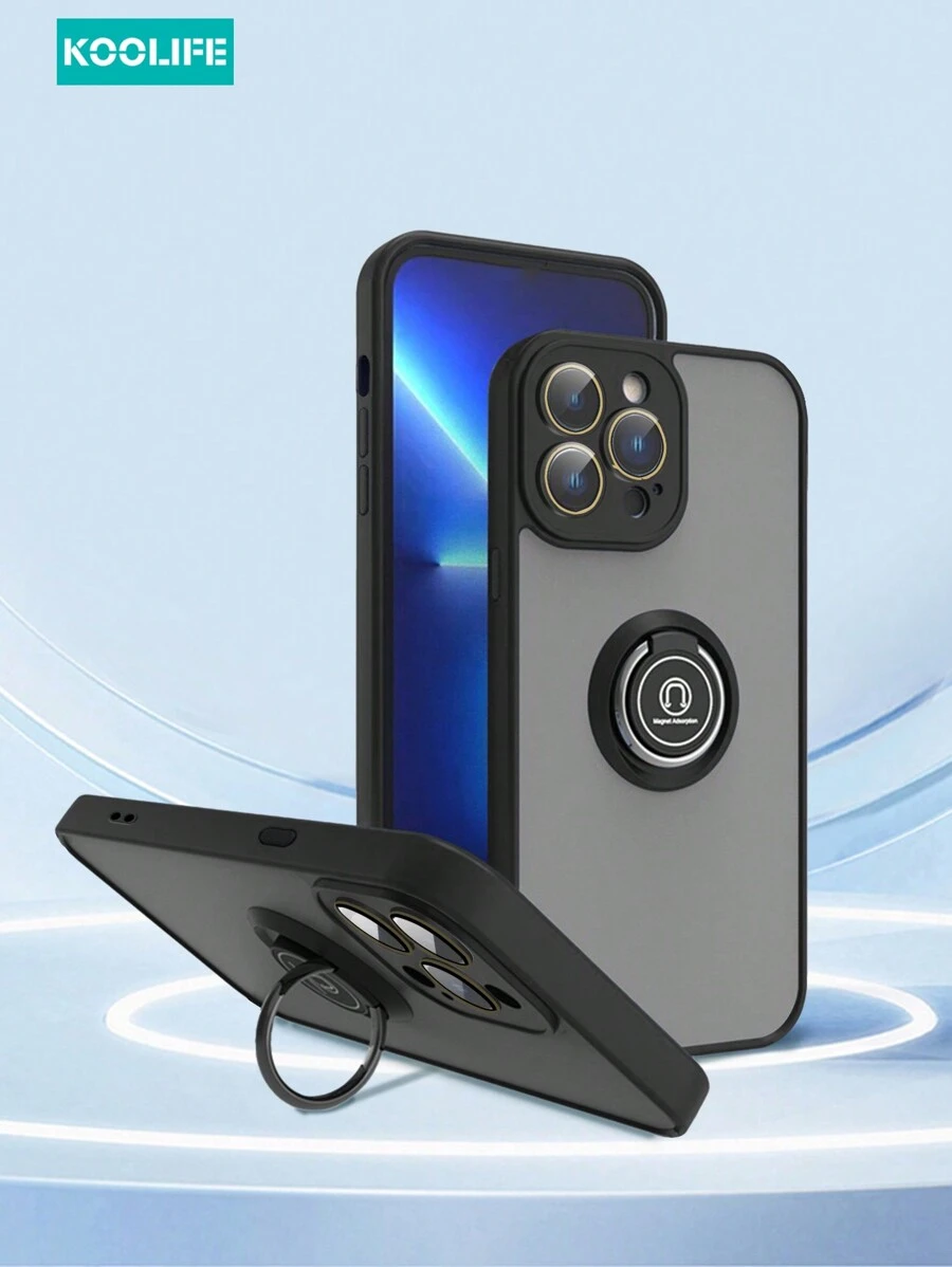 1 Stück Koolife hautfreundliche Rotationsring Handyhülle mit eingebautem Linsenfilm, beidseitig matter PC+TPU kompatibel mit iPhone 13/13Pro/13ProMax/14/14Plus/14Pro/14ProMax/15/15Pro/15Plus/15ProMax - Graphitschwarz - Übersicht 1
