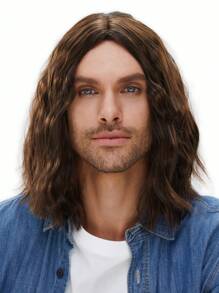 长款波浪假发，男士派对卷发假发，嬉皮摇滚风格，70、80年代复古派对装扮，动漫风格，耐热合成假发，带假发帽 - 棕色 - 查看 3