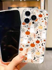 1 Stück Halloween Kürbis, Spinnennetz & Geist kreative stoßfeste rutschfeste transparente Handyhülle kompatibel mit iPhone, kompatibel mit Honor, kompatibel mit Redmi, kompatibel mit Samsung Galaxy, kompatibel mit Pixel, internationale Version, nicht die Inlandsversion - Transparent - Übersicht 2