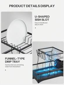 Yabano 2 Tier Dish Drainer, Multifunctional Dish Drainer Rack, Rustproof Kitchen Dish Drying Rack With Drainboard & Utensil Holder, Space-Saving Dish Rack For Kitchen Counter - Black - View 4