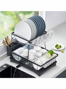 Yabano 2 Tier Dish Drainer, Multifunctional Dish Drainer Rack, Rustproof Kitchen Dish Drying Rack With Drainboard & Utensil Holder, Space-Saving Dish Rack For Kitchen Counter - Black - View 1