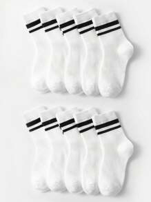 10 雙/包 兒童白色雙筋運動襪,圓領,透氣舒適,適合日常使用 - 黑與白 - 查看 7