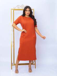 Midi Sweatshirt Dress With Front Pockets - Stylish And Modern | Fashion 2024 - 亮橙色 - 查看 2