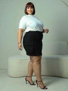 PLUS SIZE CARGO SKIRT, SHORT UNDERNEATH, SIDE POCKETS, BENGALINE FABRIC, ELASTICITY 44 TO 54 - 黑色 - 查看 7