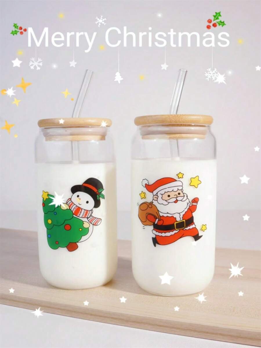 16 盎司迷人彩虹玻璃套装带盖和吸管，蝴蝶结图案罐形水杯和冰咖啡杯，粉色冷饮玻璃罐杯，可爱时尚的草莓咖啡杯，果汁、牛奶、啤酒、饮料、生日、节日和特殊场合的完美礼物，1 件带盖和吸管的玻璃杯 - 無色 - 查看 1