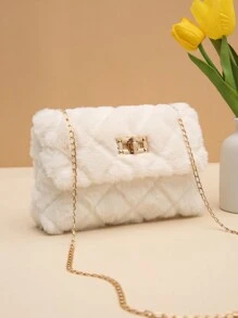 女士毛绒材质斜挎包，新款时尚百搭链条单肩包，毛绒锁扣小方包