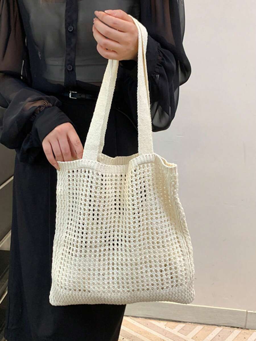 Fashion Women Hollow Knitted Shoulder Beach Bag Simple Crochet Handbag