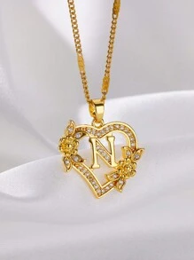 1 Pc Fashion Zirconia Flower Initial Heart Pendant Necklaces For Women Gold Color Stainless Steel Letter Chain Wedding Jewelry Gifts Valentines,Mom,Mother,Mother's Day,Gift