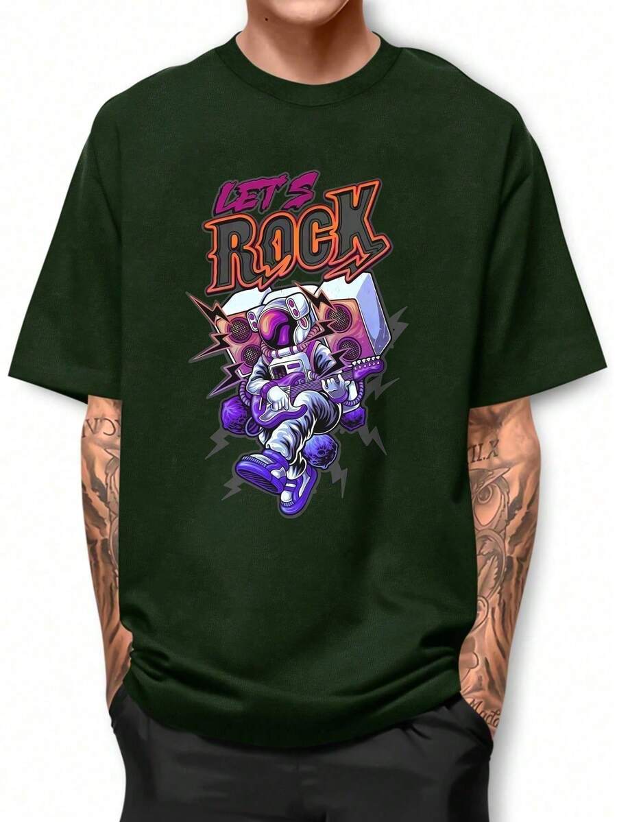 Basic Astronaut Let's Rock Shirt 100% Cotton T-Shirt GPJ1 - 軍綠色 - 查看 1