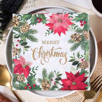 AFYPRTY 20pcs/Bag Christmas Napkins Merry Christmas Flower Napkins 6.5-Inch Festival Decoration Napkins Suitable For Christmas Decoration Restaurant Kitchen Bar Supplies
