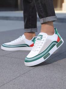 男士条纹配色滑板鞋系带透气网布户外徒步学生校园街头慢跑全季运动运动鞋 - 白綠 - 查看 1