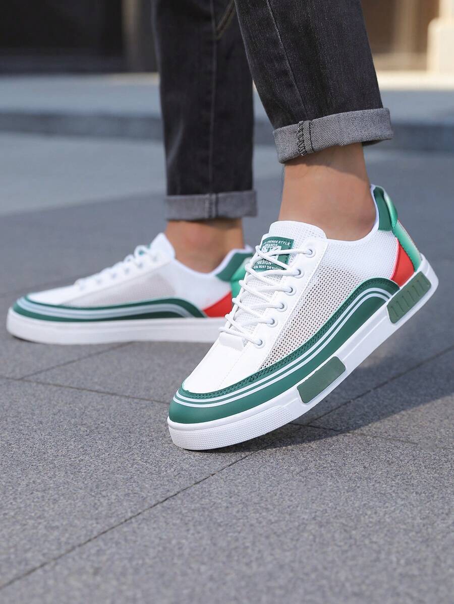 男士条纹配色滑板鞋系带透气网布户外徒步学生校园街头慢跑全季运动运动鞋 - 白綠 - 查看 1