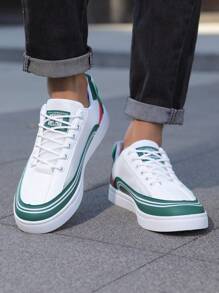 男士条纹配色滑板鞋系带透气网布户外徒步学生校园街头慢跑全季运动运动鞋 - 白綠 - 查看 2