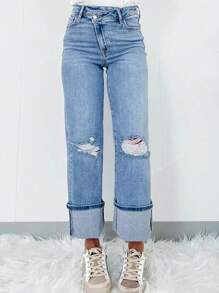 Blugi de damă la modă, de culoare uni, simpliști, din denim învechit