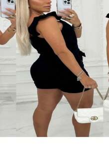 Women's Set Shorts And Linen Blouse With Pocket Sophisticated Fashion Elegant Strappy Linen Blouse Luxury Bermuda Shorts - 黑色 - 查看 2