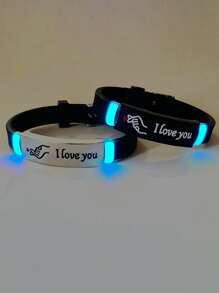 ATLVXJL 2 件夜光情侣知道你爱你心形图案字母我爱你吊饰黑色硅胶手链在黑暗中成长适合夏季女士女士爱人节日礼物 - 彩色 - 查看 5