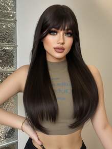 1-Piece Synthetic Heat Resistant Straight Hair Bangs Wig Brown 26 Inches Full Machine Weave Daily Natural Realistic Wig