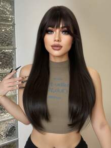 1-Piece Synthetic Heat Resistant Straight Hair Bangs Wig Brown 26 Inches Full Machine Weave Daily Natural Realistic Wig