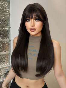1-Piece Synthetic Heat Resistant Straight Hair Bangs Wig Brown 26 Inches Full Machine Weave Daily Natural Realistic Wig