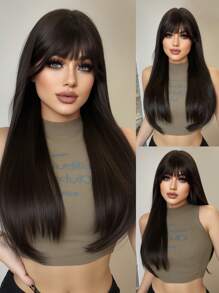 1-Piece Synthetic Heat Resistant Straight Hair Bangs Wig Brown 26 Inches Full Machine Weave Daily Natural Realistic Wig