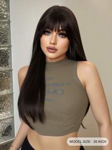 1-Piece Synthetic Heat Resistant Straight Hair Bangs Wig Brown 26 Inches Full Machine Weave Daily Natural Realistic Wig