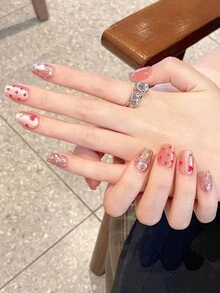 Handmade Press On Nails Cute Pink Heart & Polka Dot Cartoon Cat Eye Nail Art Wearable Nail Fake Nails(XS,S,M,L) Suitable For Women And Girls