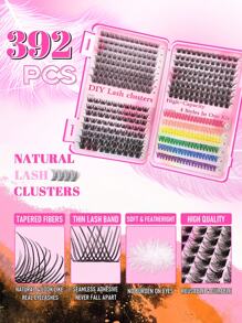 392 piezas Racimos de pestañas individuales coloridas de gran capacidad con tallo ancho, rizado D, de 10-16 mm, con temática de Halloween, para DIY. Volumen dramático y 7 colores mezclados, look natural, extra grueso, efecto plumoso, ultra suave, super ligero, pestañas postizas individuales reusables segmentadas, kit de extensión de pestañas para uso en casa en Halloween, cosplay y vida diaria