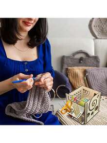 1pc Multi In One Yarn Box, Wooden Knitted Crochet Yarn Holder, Storage Box, Knitting Tool Storage Rack, DIY Yarn Toolbox - Brown - View 2