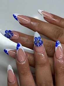 24 件 3D 凝胶指甲，打造杏仁法式指甲，中号 3D 凝胶花指甲设计亚克力假指甲套装，包含 1 件果冻胶和 1 件指甲锉，适合女士和女孩的法式指甲和花指甲，日常生活和派对使用美甲用品