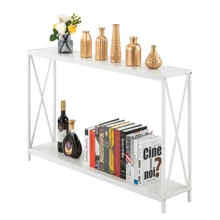 Triamine Board Cross Iron Frame Porch Table Sofa Side Table, White Wood Grain