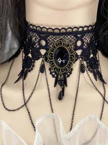 1pc Women's Wide Necklace, Black Lace Choker, Punk Dress Accessory Faux Collar With Tassel Pendant Clavicle Chain, Halloween Necklace, Gothic Neck Decor, Suitable For Party And Daily Wear Witch