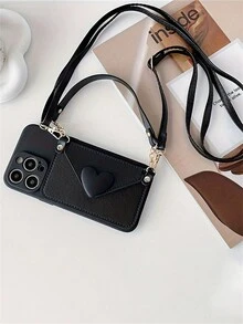 情人节斜挎挂绳 3D 心形皮革卡包软壳适用于 iPhone 16 15 Pro Max 14 Pro Max 13 12 11 15 16 Plus 防震保护套 - 黑色 - 查看 2