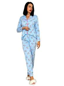 Women's American Cold Weather Pajamas Blogger Set Long Sleeve Shirt And Pants Premium Buttons Winter Front Opening - 淺藍色 - 查看 4