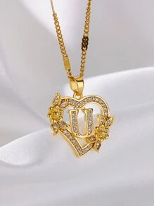 1 Pc Fashion Zirconia Flower Initial Heart Pendant Necklaces For Women Gold Color Stainless Steel Letter Chain Wedding Jewelry Gifts Valentines,Mom,Mother,Mother's Day,Gift