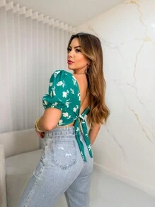 Corset Blouses With New Printed Bodice - Green - View 2