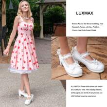 Women Kawaii Mid Block Heel Mary Jane Rockabilly Pumps With Bow Platform Chunky Heel Cute Sweet Shoes - 白色 - 查看 3