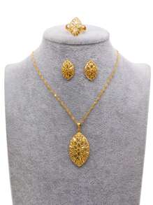 非洲镀金首饰套装 - 项链、吊坠、耳环、戒指，适合女性，法式迪拜派对、新娘、婚礼、妻子礼物