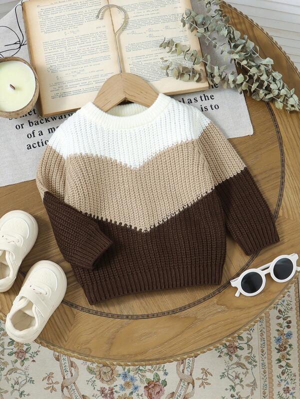 1pc Bebê Menino Patchwork Suéter Casual Gola Redonda Pulôver, Confortável