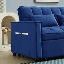 Modern Velvet Convertible Loveseat Sleeper Sofa Couch With Adjustable Backrest, 2 Seater Sofa With Pull-Out Bed With 2 Lumbar Pillows For Small Living Room & Apartment - 藍色 - 查看 7