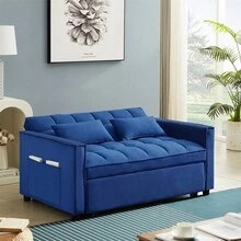 Modern Velvet Convertible Loveseat Sleeper Sofa Couch With Adjustable Backrest, 2 Seater Sofa With Pull-Out Bed With 2 Lumbar Pillows For Small Living Room & Apartment - 藍色 - 查看 8