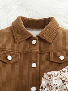 Bộ áo khoác nhung kẻ sọc và váy yếm in hoa cho bé gái tuổi teen, thường ngày mùa xuân thu - Cà phê nâu - Xem 3