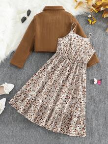 Bộ áo khoác nhung kẻ sọc và váy yếm in hoa cho bé gái tuổi teen, thường ngày mùa xuân thu - Cà phê nâu - Xem 2