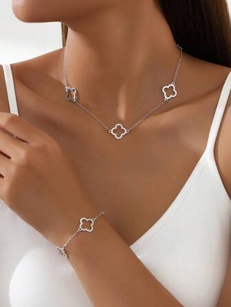 1 set Minimalistisk ihålig metall fyrklöver halsband & armband Smyckesset, julklapp Alla hjärtans dag, mamma, mor, mors dag, present